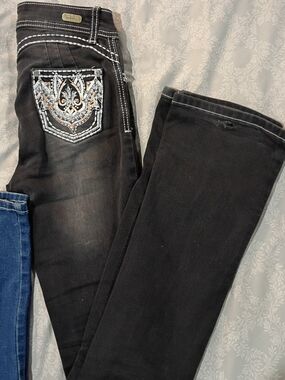 Embroidered Black Boot-Cut Jeans with Contrast Stitching